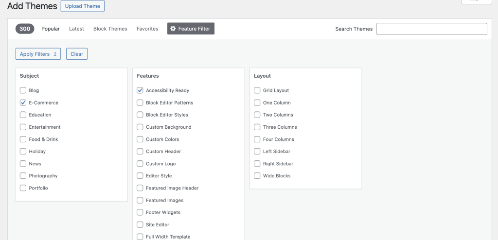 WordPress theme selection interface with filters applied for ‘Accessibility Ready’ and ‘E-Commerce’ themes.