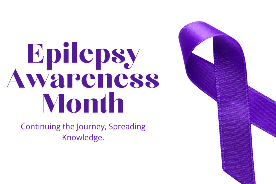 Purple ribbon symbolizing epilepsy awareness, with the text 'Epilepsy Awareness Month'